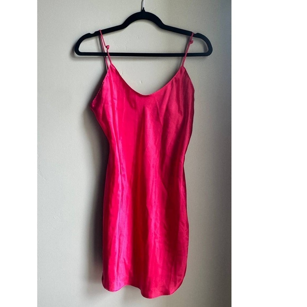 Vintage Circa 2000 Y2K Hot Pink Satin Mini Slip Dress Going Out L Barbiecore